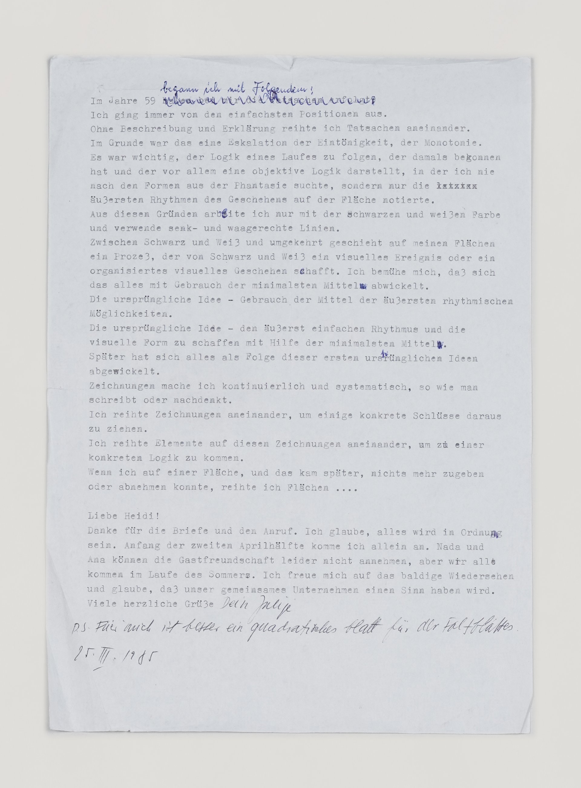 letter by julije knifer to adlheid hoffmann with a statement on his working process in preparations for a forthcoming exhibition in april 1985 and the publication of the portfolio &quot;mäander&quot; (1985)