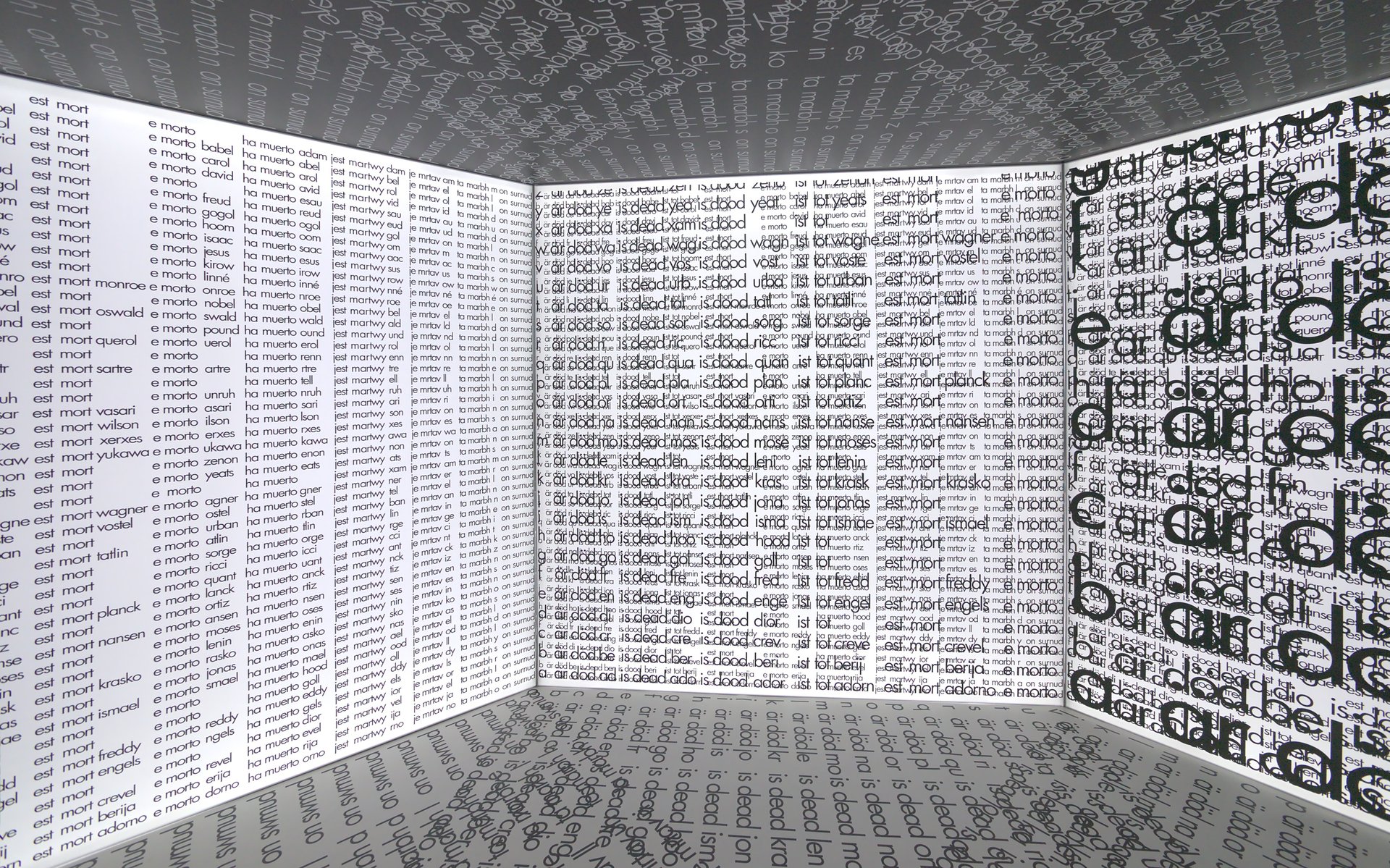 view of installation: &quot;mortuarium für zwei alphabete – version II&quot; (1969/2021), h: 220, ⌀ 550 cm