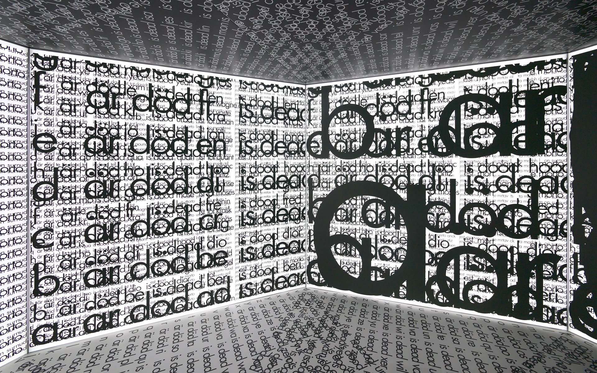 view of installation: franz mon, &quot;mortuarium für zwei alphabete – version II&quot; (1969/2021), h: 220, ⌀ 550 cm