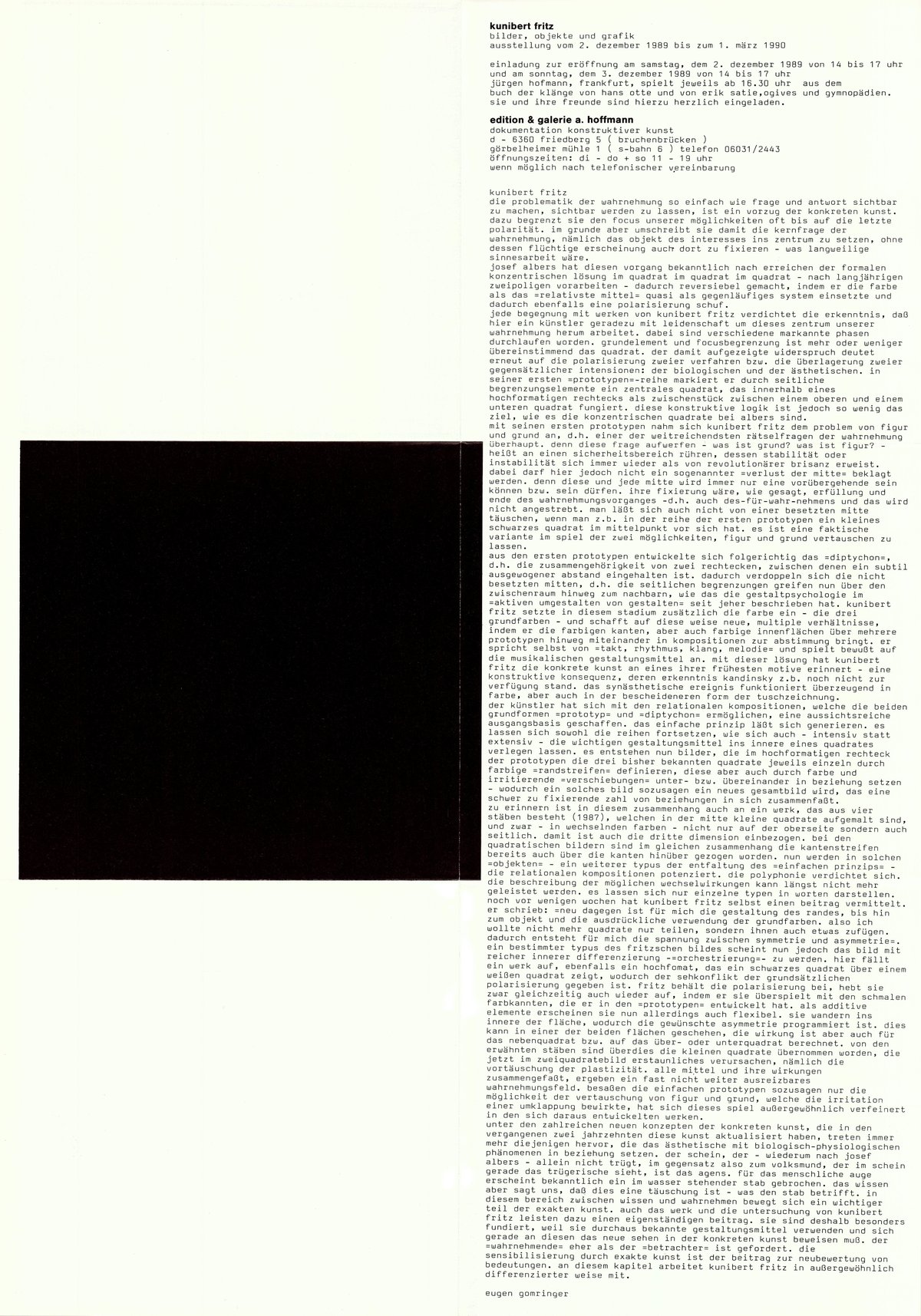 exhibition invitation &quot;kunibert fritz—bilder, objekte und grafik&quot; (1989), designed by wolfgang schmidt, with a text by eugen gomringer