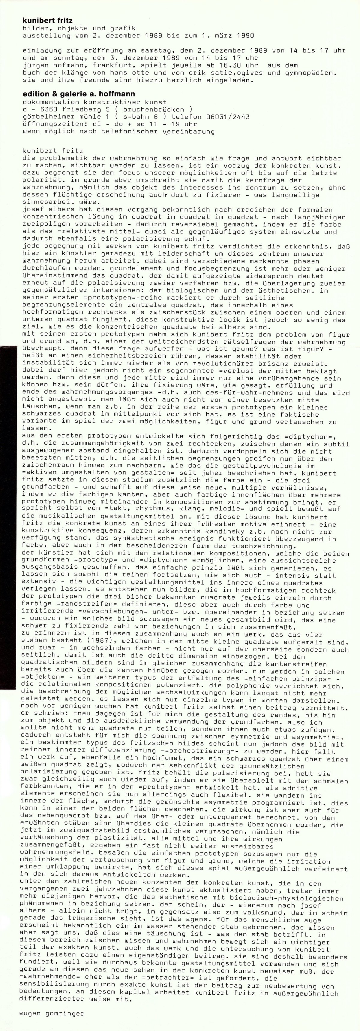 exhibition invitation unfolded halfway: &quot;kunibert fritz—bilder, objekte und grafik&quot;, designed by wolfgang schmidt, with a text by eugen gomringer