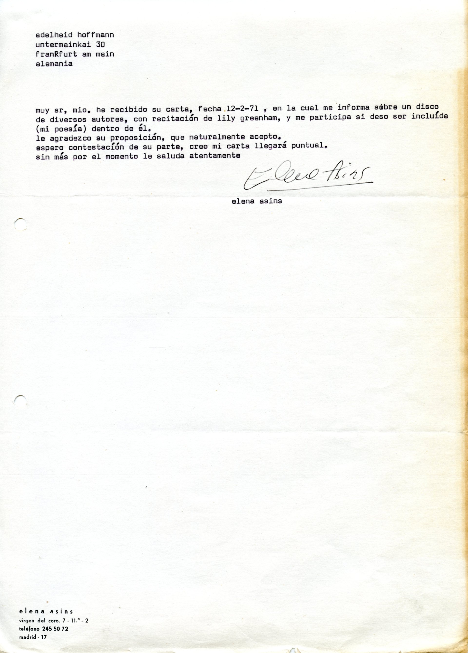 elena asisns&#x27;s permission to use her writing for &quot;internationale sprachexperimmente...&quot;
