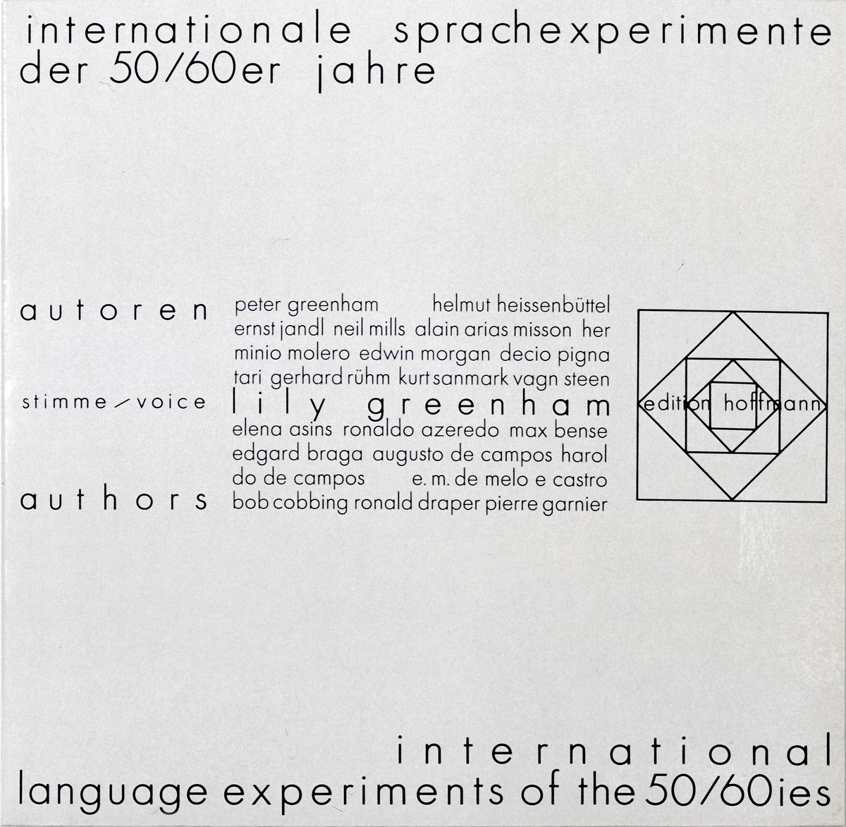 album cover: &quot;internationale sprachexperimmente der 50/60er jahre&quot; (1970), 31,5 x 31,5 cm