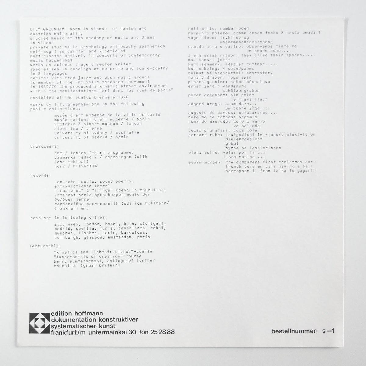 sleve notes, front: &quot;internationale sprachexperimmente der 50/60er jahre&quot; (1970), 31,5 x 31,5 cm