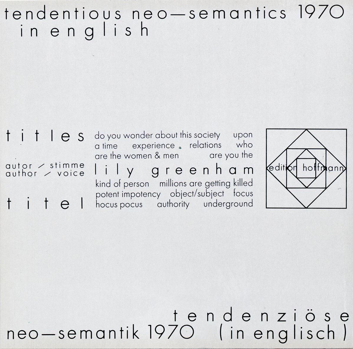 album back cover: &quot;internationale sprachexperimmente der 50/60er jahre&quot; (1970), 31,5 x 31,5 cm