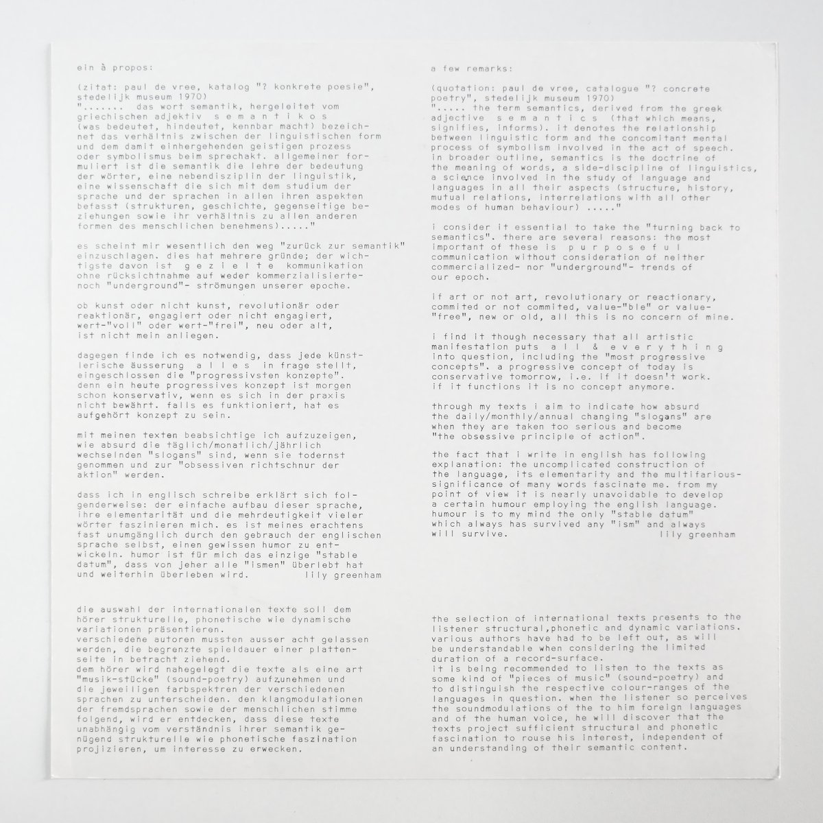 sleve notes, back: &quot;internationale sprachexperimmente der 50/60er jahre&quot; (1970), 31,5 x 31,5 cm