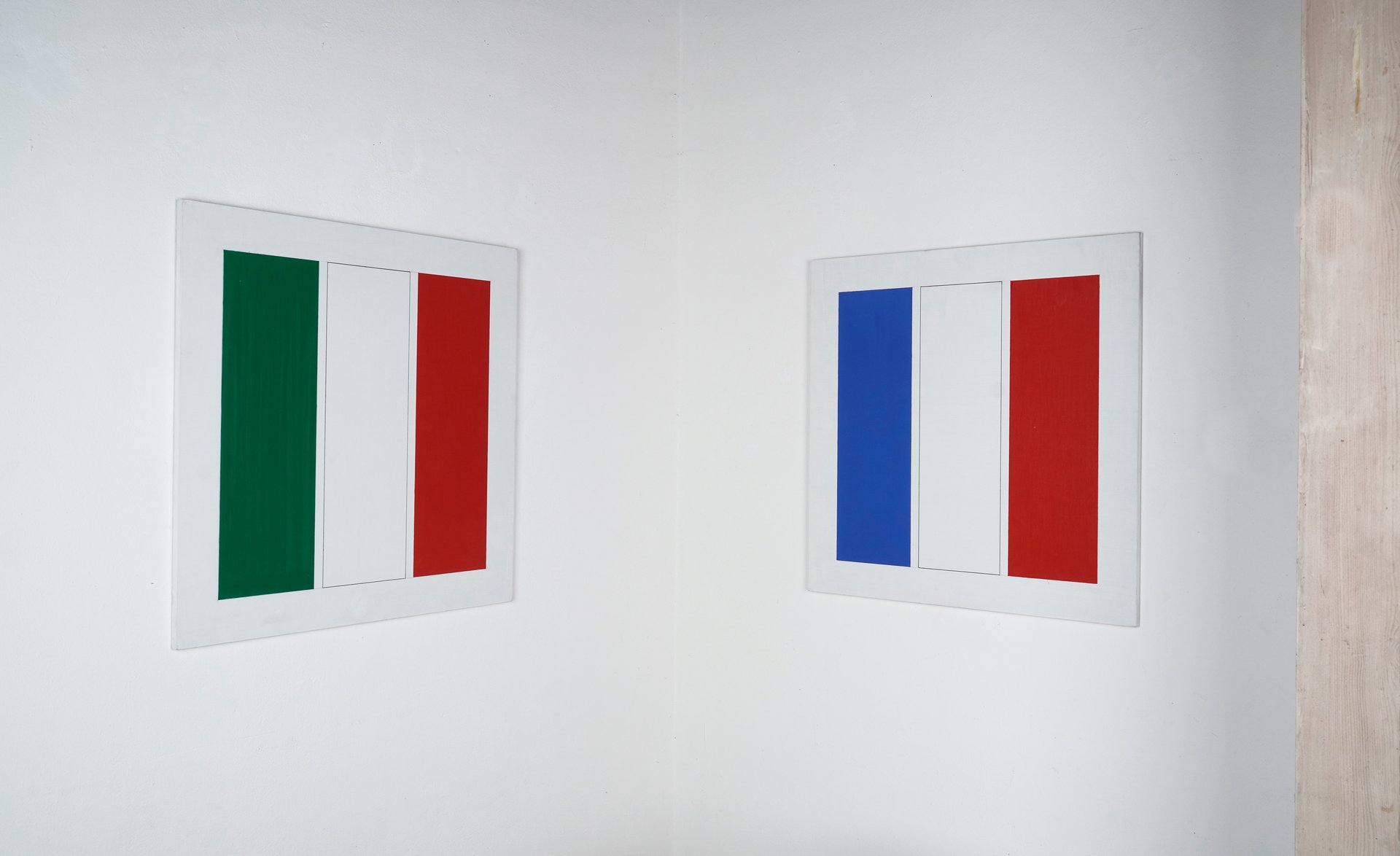 view of installation: gudrun piper, &quot;drei rechtecke im quadrat b&quot; and &quot;drei rechtecke im quadrat c,&quot; both 2003, oilpaint, acrylic paint on wood, 60 × 60 cm