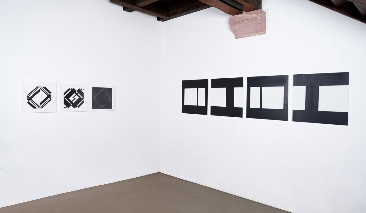 view of installation: max h. mahlmann, &quot;untitled&quot; (1965), &quot;untitled&quot; (1965), &quot;untitled&quot; (1965) and gudrun piper, &quot;quadrat im quadrat-schwarz-weiss a - d&quot; (2002)
