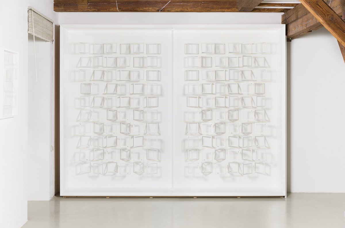 view of installation: klaus staudt, &quot;merkur&quot; (1996), wood, acrylic paint, acrylic glass, 241 x 313 x 49 cm