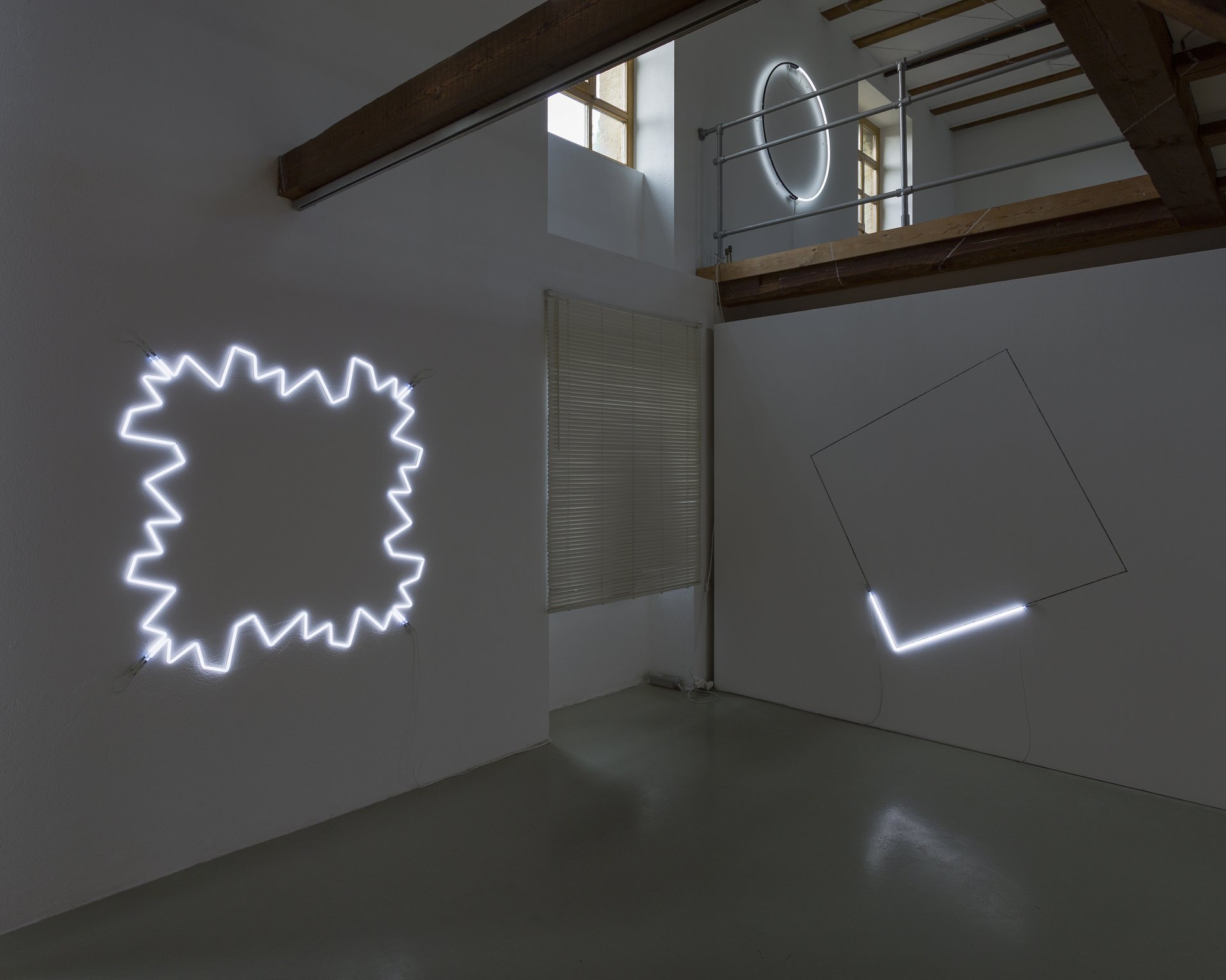 view of installation: &quot;edged square&quot; (2018); &quot;one square on light&quot; (1972); &quot;black and white&quot; (1977)
