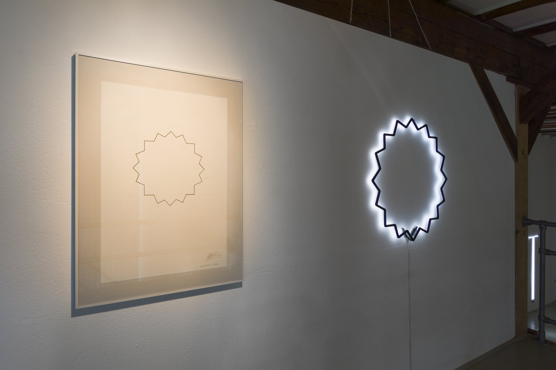 view of installation: &quot;rundes viereck&quot; (1989, sketch); &quot;round square&quot; (1989)