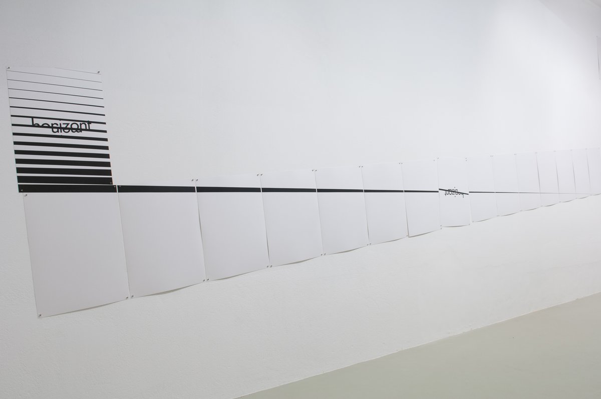 view of installation: wolfgang schmidt, &quot;schief, 15-part&quot; (1978), original-silkscreen on cardboard, 86 x 914 cm