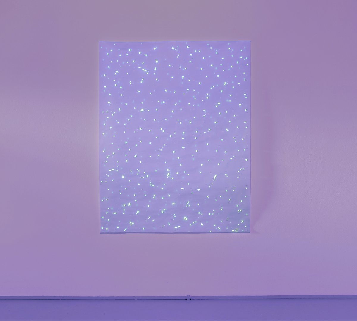 view of installation: &quot;schwerelos II&quot; (2003), lumilux pigments on transparent paper, 152 x 120 cm