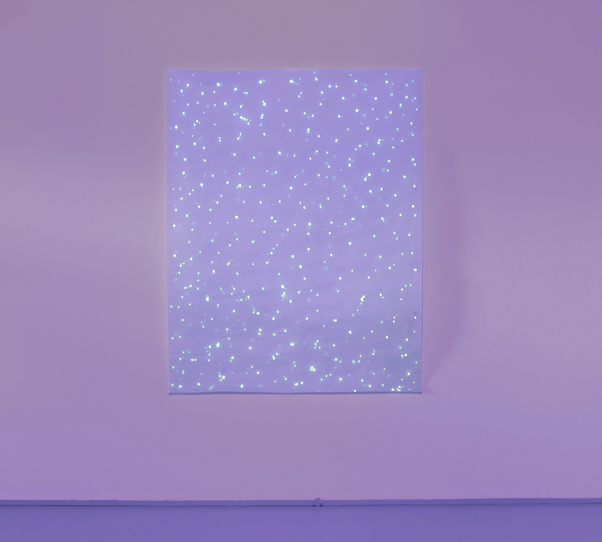 view of installation: &quot;schwerelos II&quot; (2003), lumilux pigments on transparent paper, 152 x 120 cm