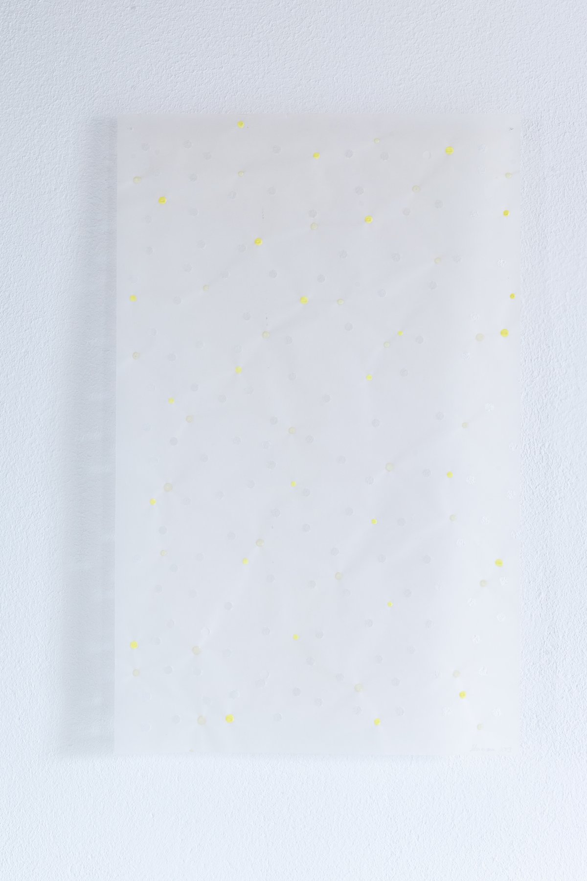 view of installation, daylight: &quot;schwerelos V&quot; (2003), lumilux pigments on transparent paper, 76 x 48 cm