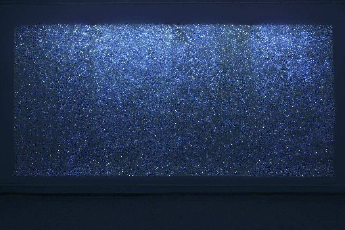 view of installation at kunstmuseum villa zanders: &quot;schwerelos X&quot; (2004), lumilux pigments on transparent paper, 290 x 622 cm
