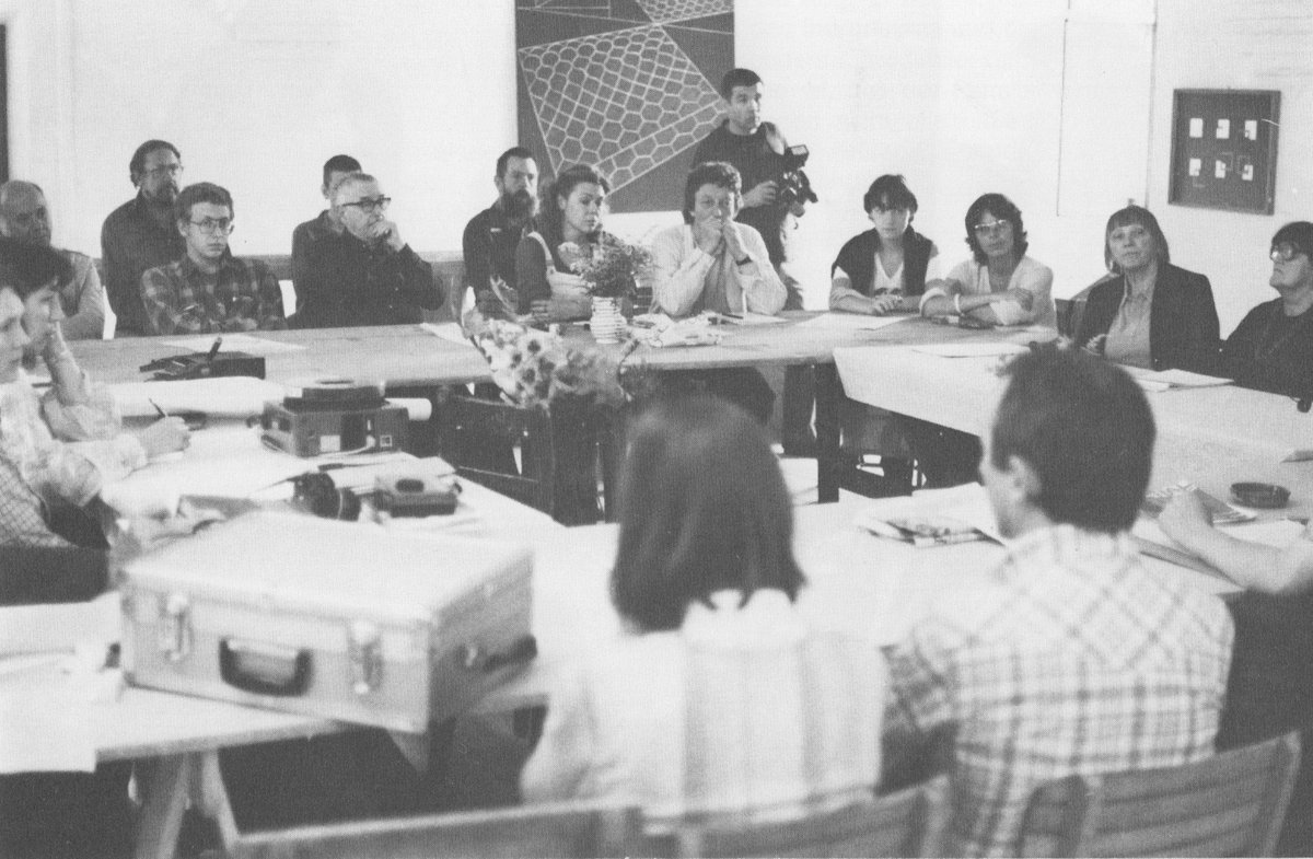 round table at &quot;symposium theorie und praxis der konstruktiven kunst heute&quot; at schloss buchberg, 1979